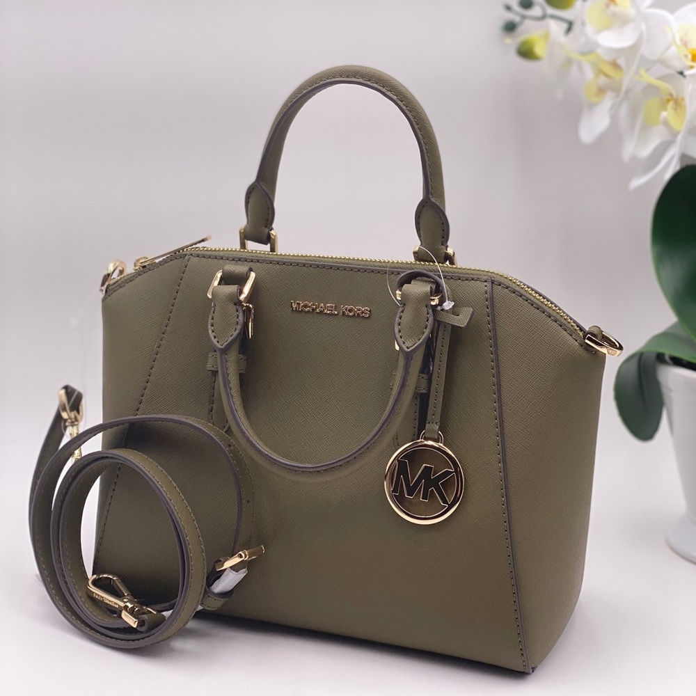AUTHENTIC Michael Kors Olive Green Saffiano Satchel with Gold Hardware